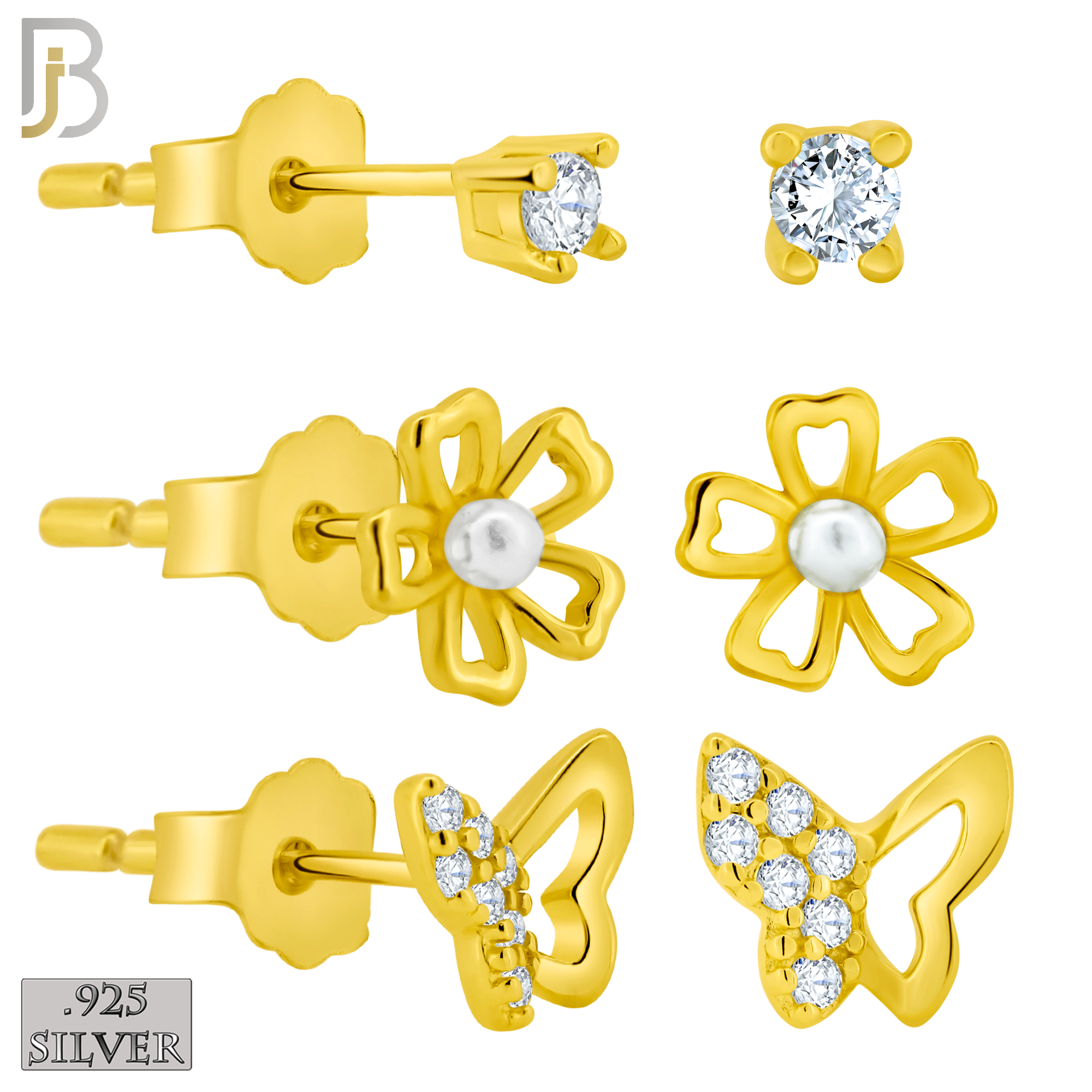 925-ES386 - .925 Sterling Silver Three Set Stud Earrings (Single CZ Stud, Butterfly with Half CZ, Hollow Flower) image 1