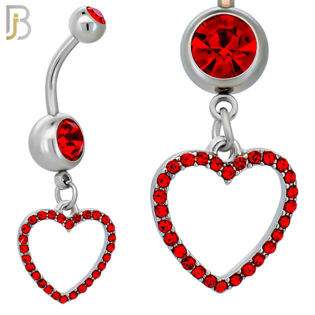 N026  - 316L Stainless Steel Dangling Hollow Heart with Zircon Design Belly Ring with 4mm Screw Ball image