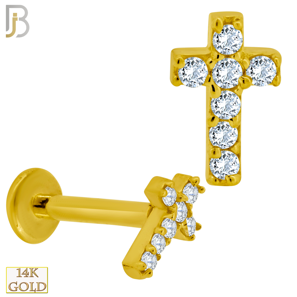 Labra Cross 14-LB51 - 14k Gold Cross Labret Studded with CZ Labret - Body Jewelz Inc