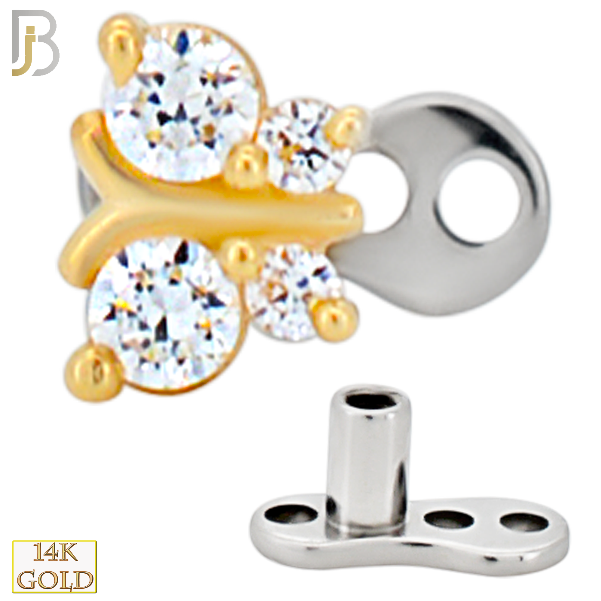 14-G23-DM14 - 14k Titanium Anchor and 14k Gold Top Butterfly with Cubic Zirconia Dermal - Internally Threaded image 2