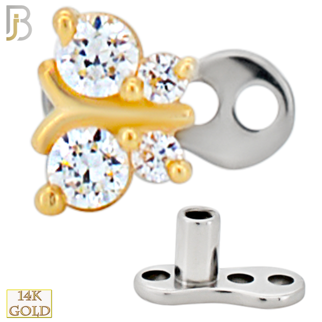 14-G23-DM14 - 14k Titanium Anchor and 14k Gold Top Butterfly with Cubic Zirconia Dermal - Internally Threaded image 2