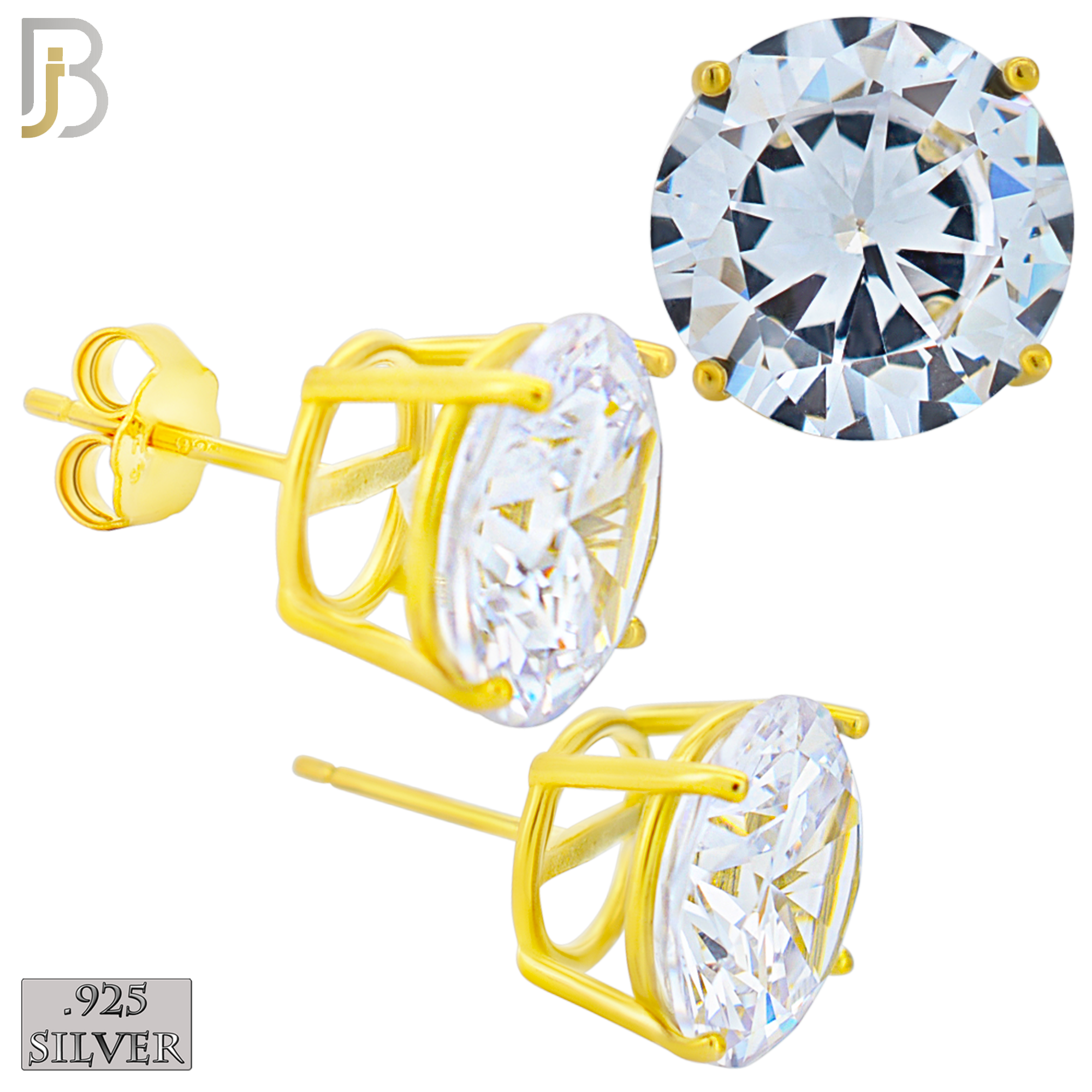 925-ES71-GC - .925 Sterling Silver Gold Plated Earring Stud Casting Round Prong Setting Clear Zircon - 12mm image