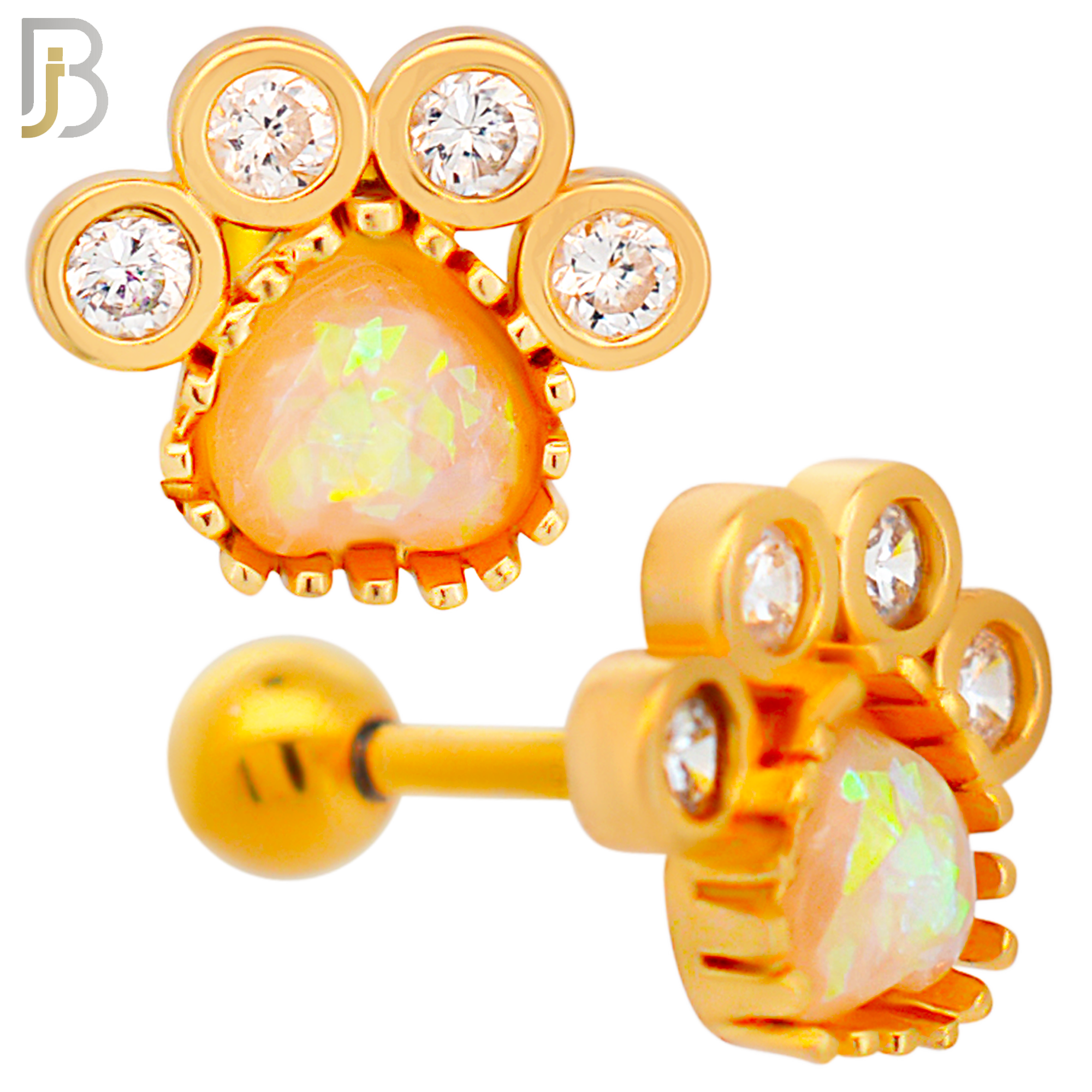 TB89 - 316L Stainless Steel Paw Print with Opalite & CZ Gems Tragus/Cartilage Barbell (PACK OF 6) image 2