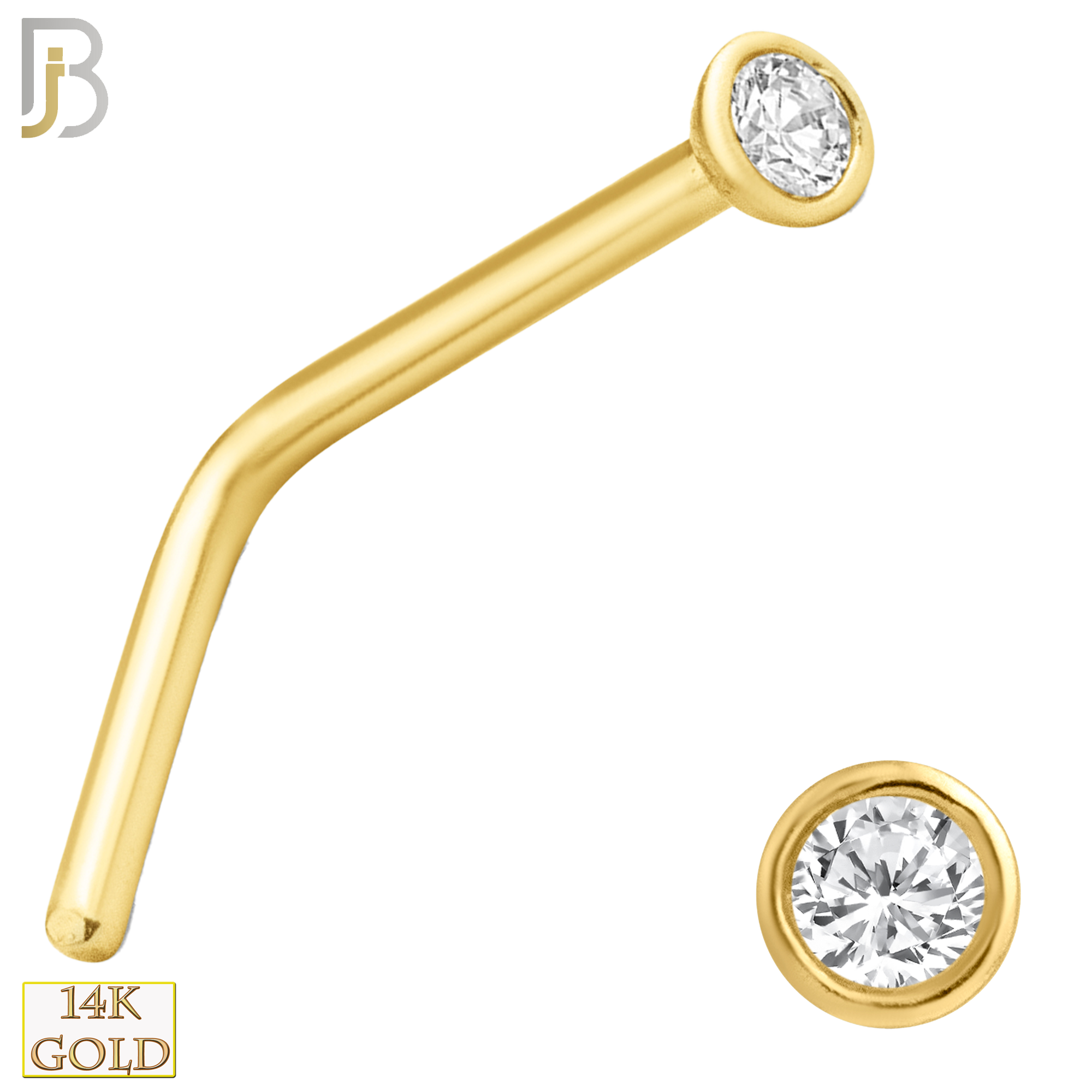14-NR06C - 14k Yellow Gold L-Shape Nose Ring with Round CZ in Bezel Setting image 0