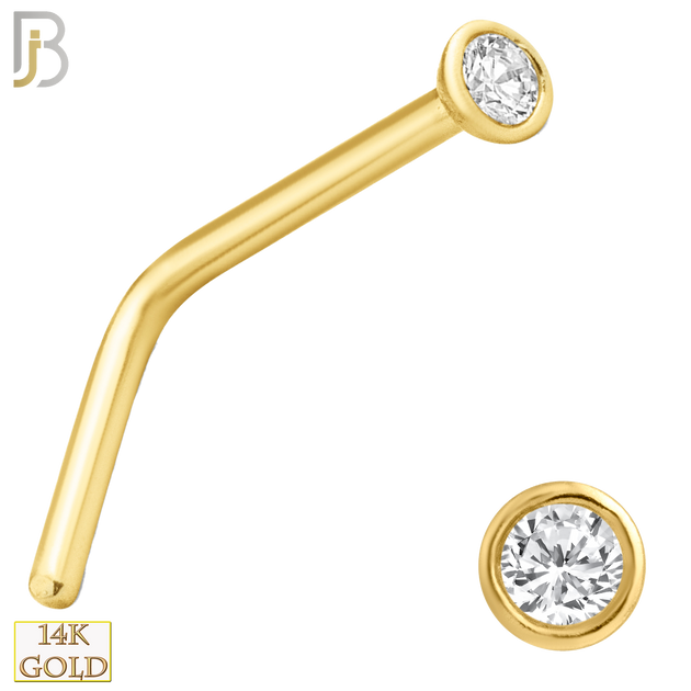 14-NR06C - 14k Yellow Gold L-Shape Nose Ring with Round CZ in Bezel Setting image 0