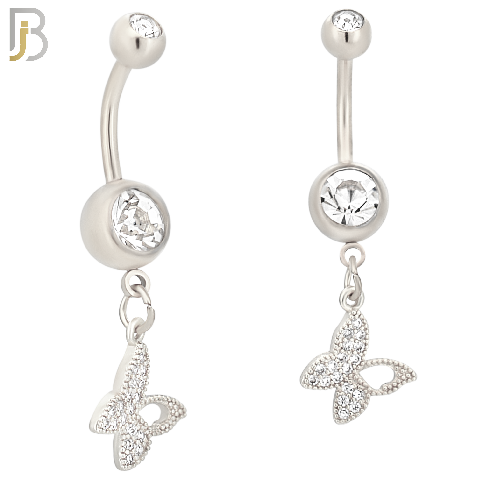 N0106  - 316L Stainless Steel Round Zircon In Bezel Setting with Dangling Butterfly with Zircon Belly Ring image 2