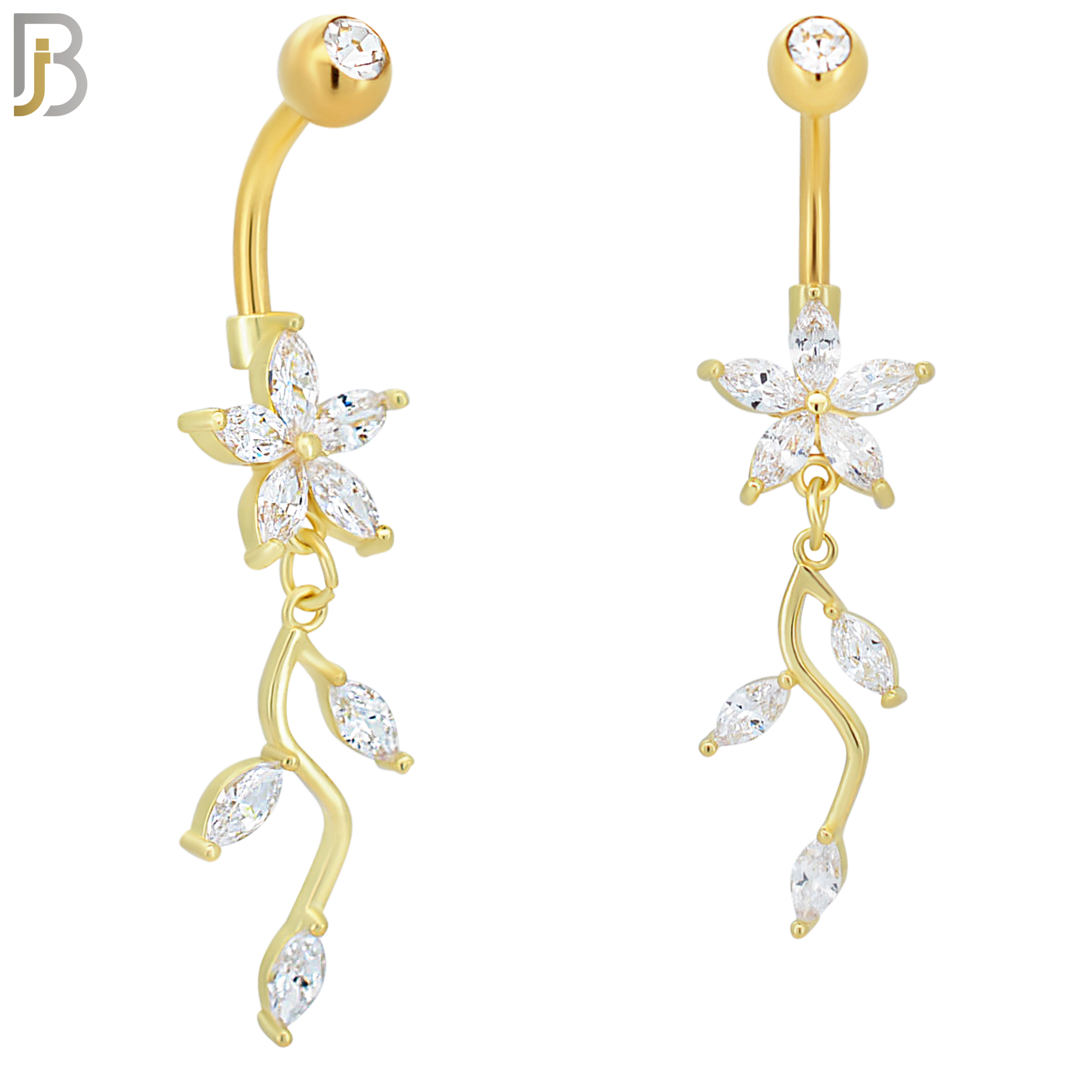 N0108  - 316L Stainless Steel Flower with Dangling Vine with Zircon Belly Ring image 2