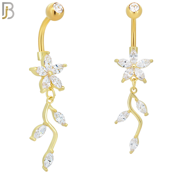 N0108  - 316L Stainless Steel Flower with Dangling Vine with Zircon Belly Ring image 2
