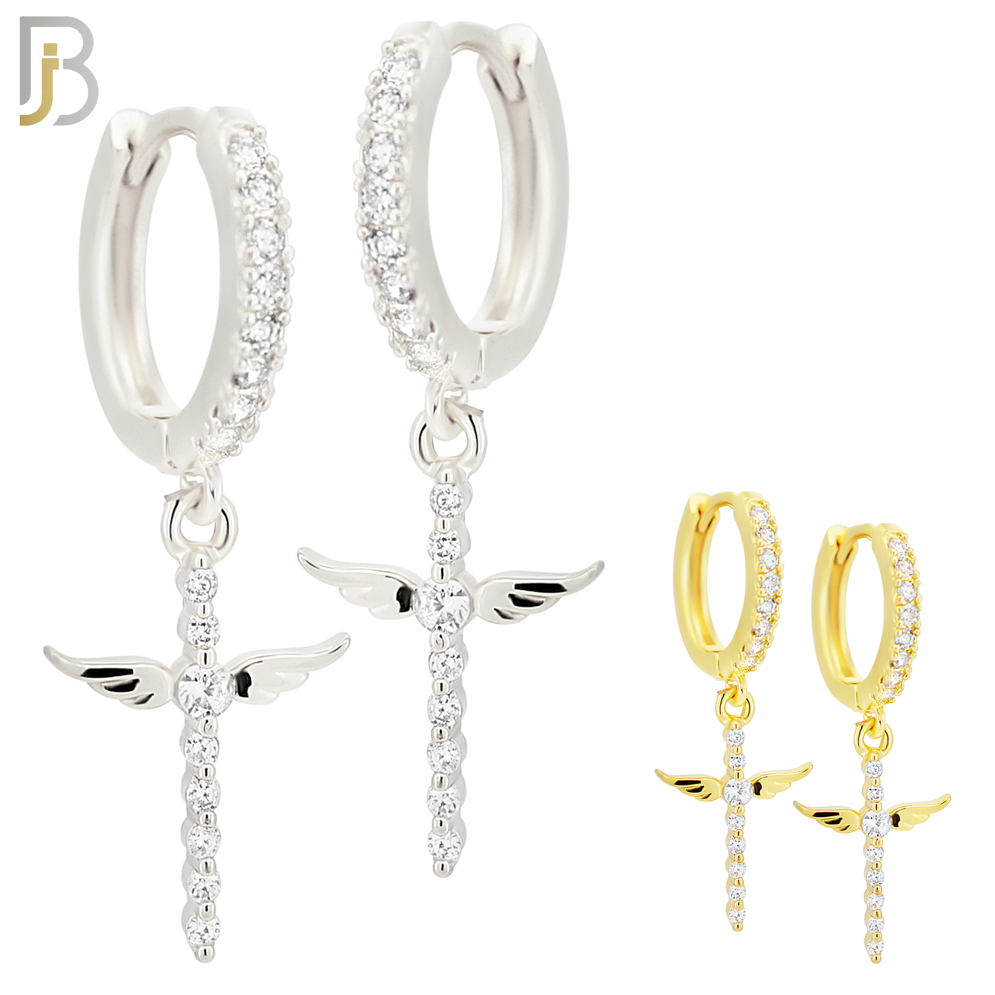 ES111 - 316L Stainless Steel Dangling Angel Wing Cross with Zircon Huggies Clip On image 0