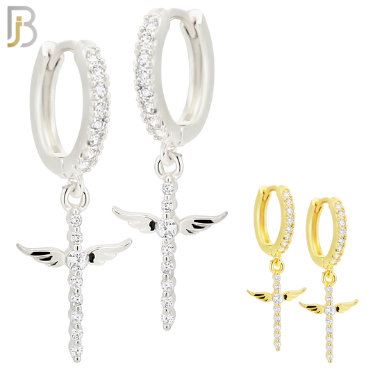 ES111 - 316L Stainless Steel Dangling Angel Wing Cross with Zircon Huggies Clip On image 0