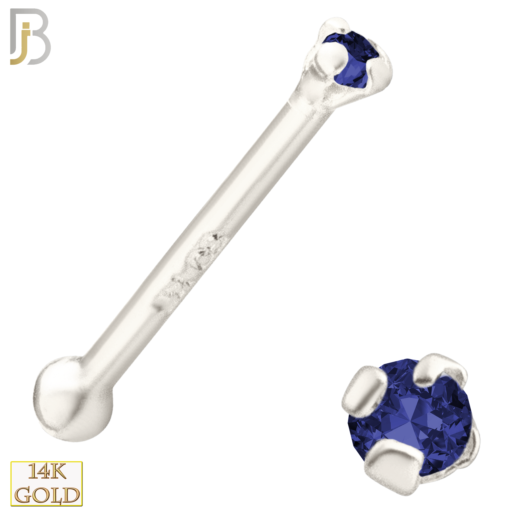 14-NR01CWS - 20g 14k White Gold Nose Bone with Blue Sapphire Colored CZ image 1