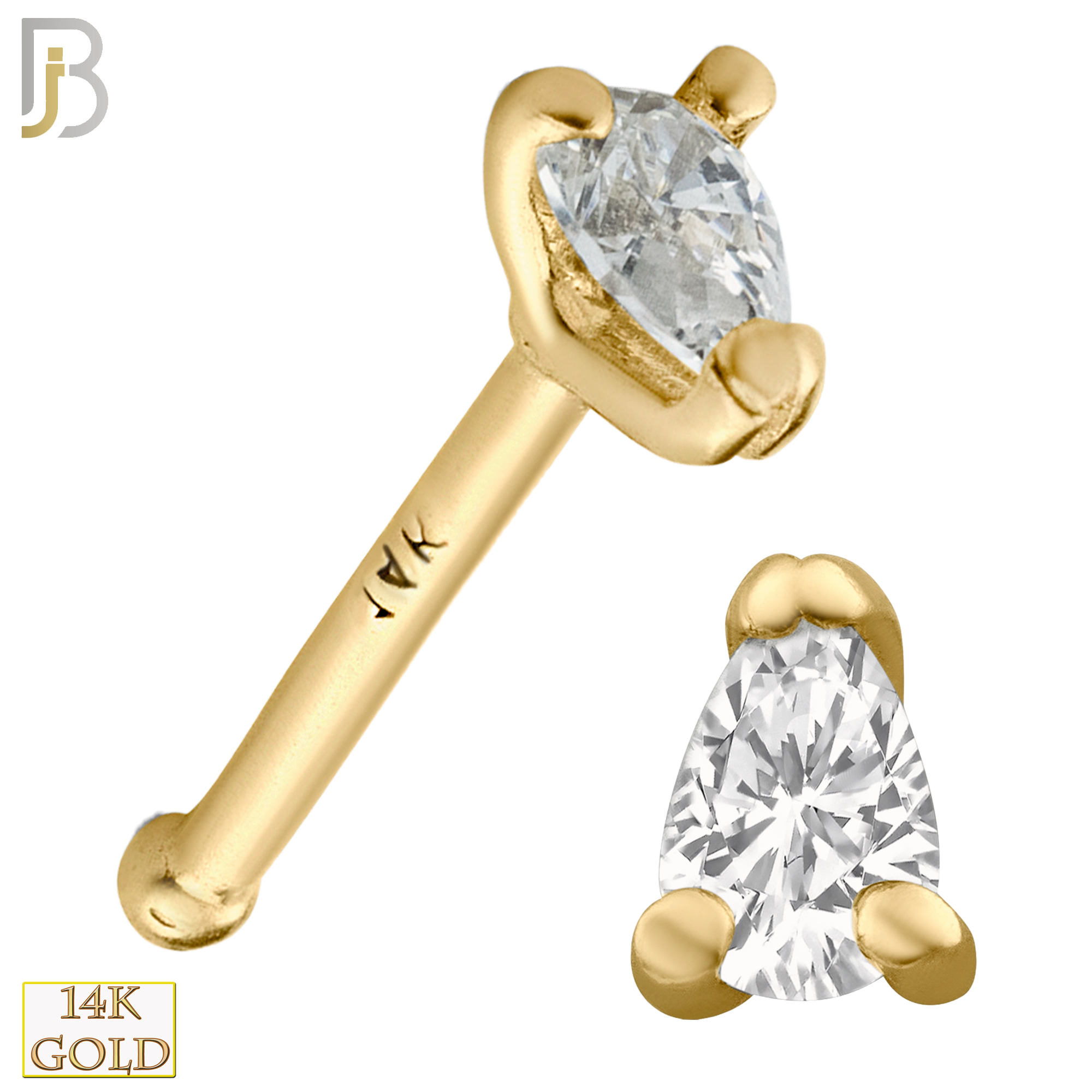 14-NR32B- 14k Solid Gold Nose Bone with Tear Drop Shape CZ in Prong Setting image 0