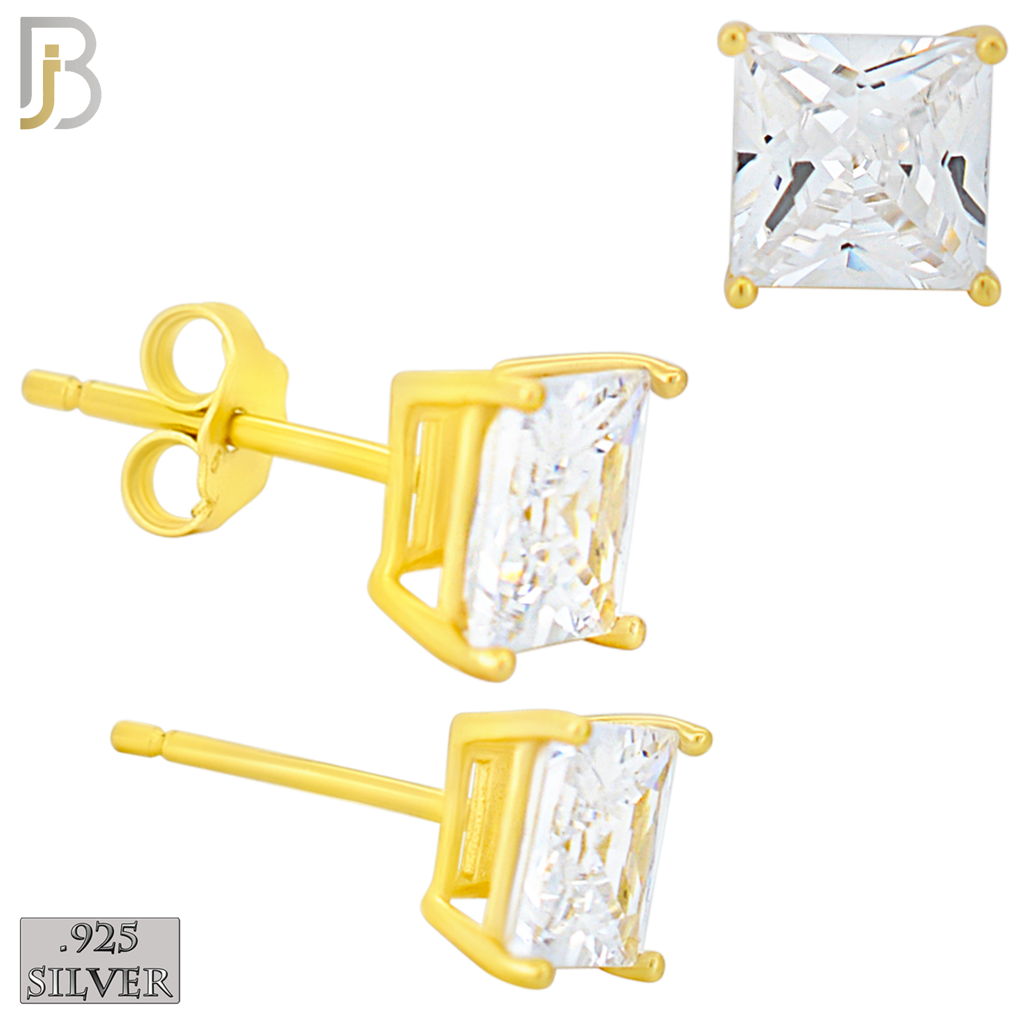 925-ES72-GC - .925 Sterling Silver Gold Plated Earring Stud Casting Square Princess Cut Prong Setting Clear Zircon image 5