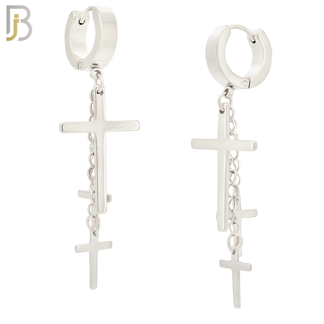 ES39 - 316L Stainless Steel Dangling 3 Cross Design Huggies Clip On image 3