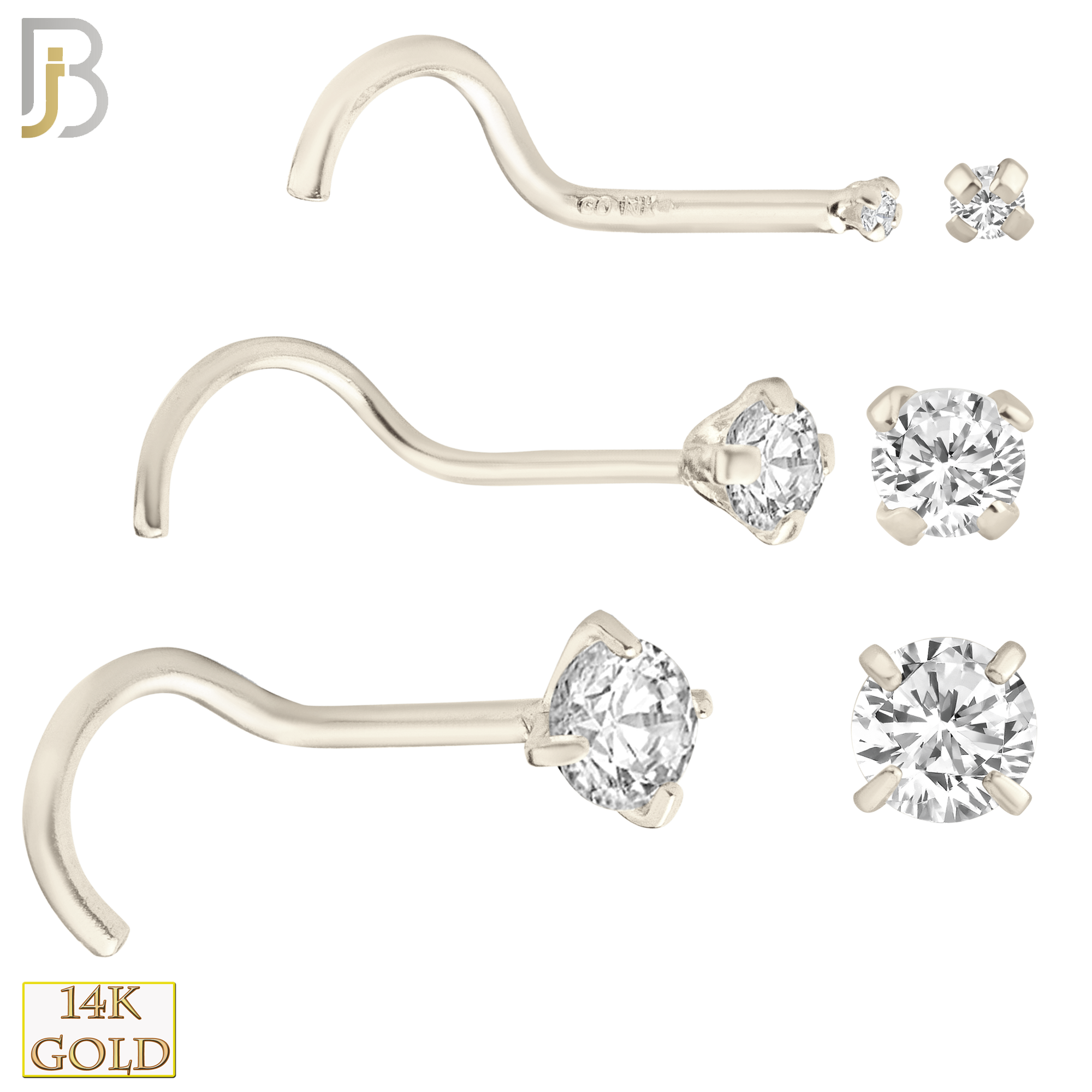 14-NR03CW-20 - 20g Thickness 14k Solid White Gold Prong Setting  Round Cubic Zircona Nose Screw, Cork Screw image 0