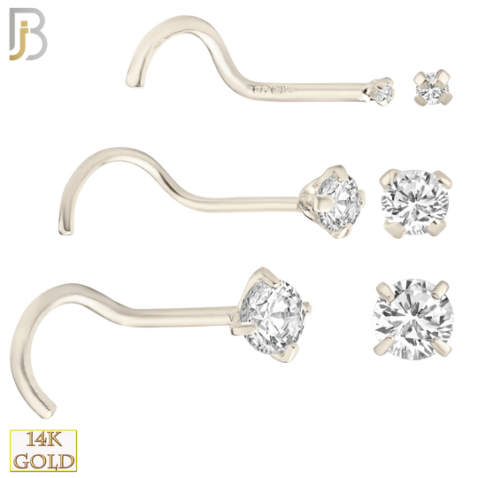 14-NR03CW-20 - 20g Thickness 14k Solid White Gold Prong Setting  Round Cubic Zircona Nose Screw, Cork Screw image 0