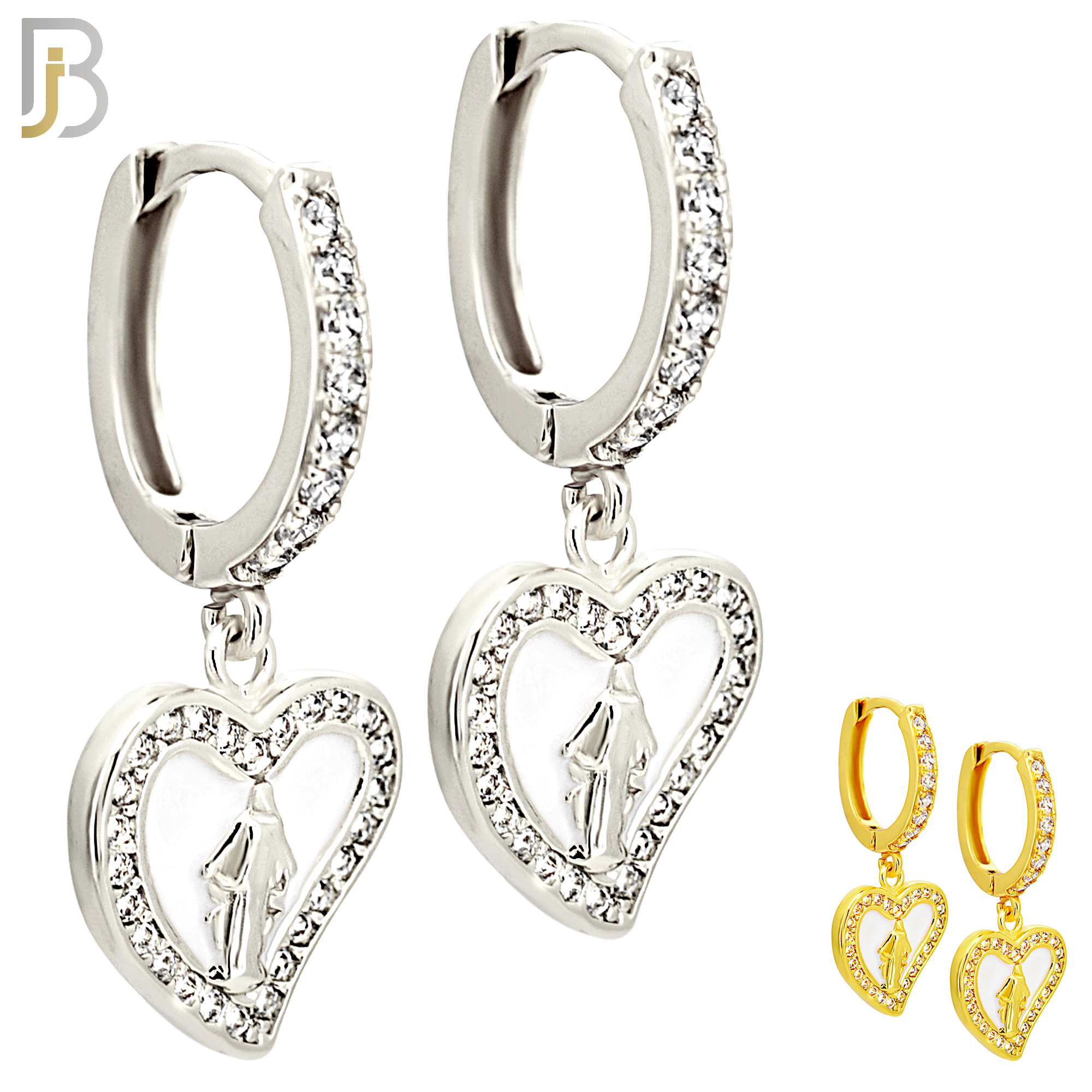 ES494 - 316L Stainless Steel Dangling Virgin Mary in Heart Huggies Earrings image 0