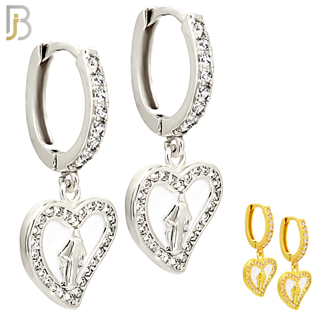ES494 - 316L Stainless Steel Dangling Virgin Mary in Heart Huggies Earrings image 0