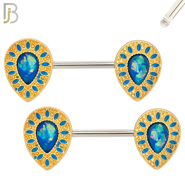 NP11 - 316L Surgical Steel Screw Teardrop Opal with Oval Enamel Nipple Ring Piercing image