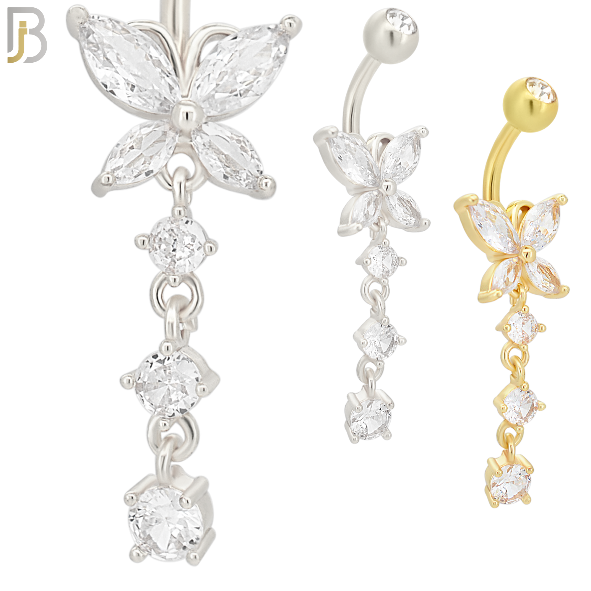 N054 - 316L Stainless Steel Dangling Butterfly with 3 Round Prong Design Belly Ring with 5mm Screw Ball Top image 0