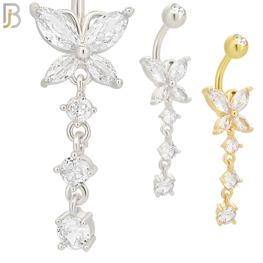 N054 - 316L Stainless Steel Dangling Butterfly with 3 Round Prong Design Belly Ring with 5mm Screw Ball Top image 0