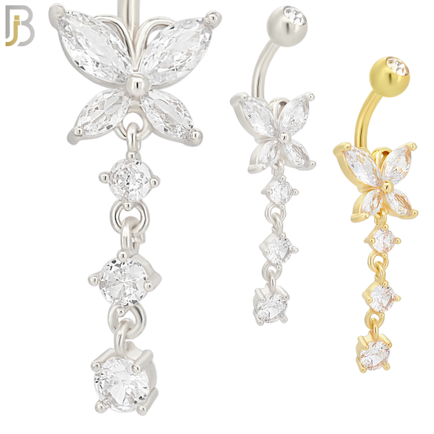N054 - 316L Stainless Steel Dangling Butterfly with 3 Round Prong Design Belly Ring with 5mm Screw Ball Top image 0