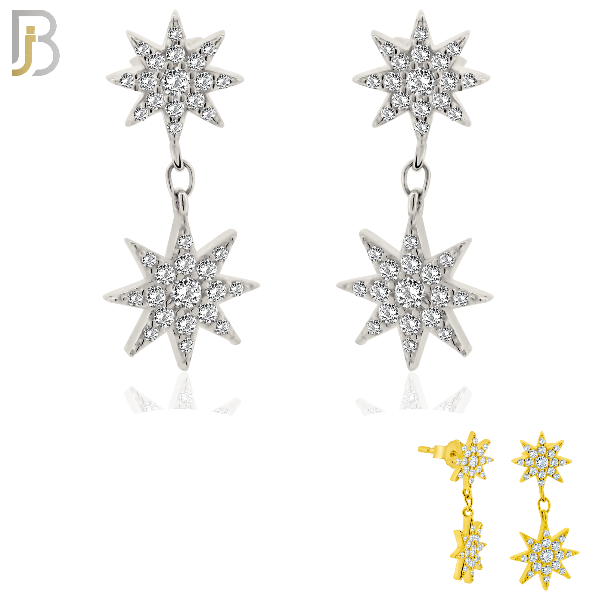 925-ES359 - .925 Sterling Silver Dangling Double Starburst with CZ Stud Earrings image 0