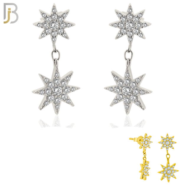 925-ES359 - .925 Sterling Silver Dangling Double Starburst with CZ Stud Earrings image 0