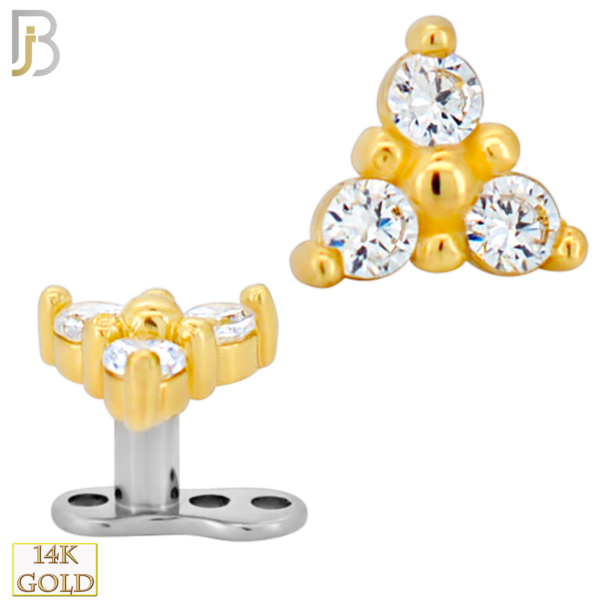 14-G23-DM19 - 14k Titanium Anchor and 14k Gold Top Three CZ in Prong Setting Dermal - Internally Threaded image 0