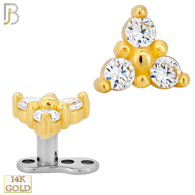14-G23-DM19 - 14k Titanium Anchor and 14k Gold Top Three CZ in Prong Setting Dermal - Internally Threaded image 0