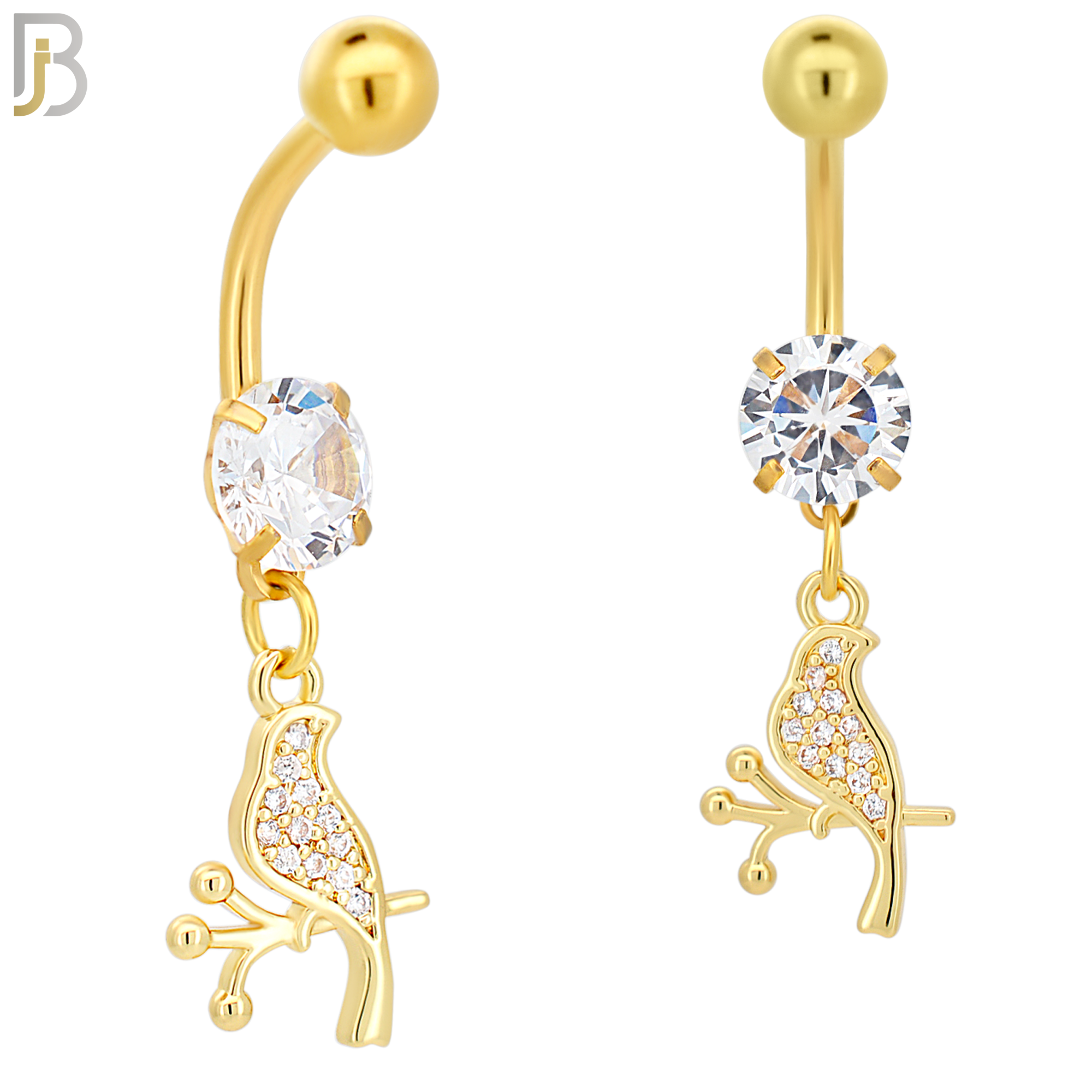 N086  - 316L Stainless Steel Dangling Bird on Branch with CZ Belly Ring image 2