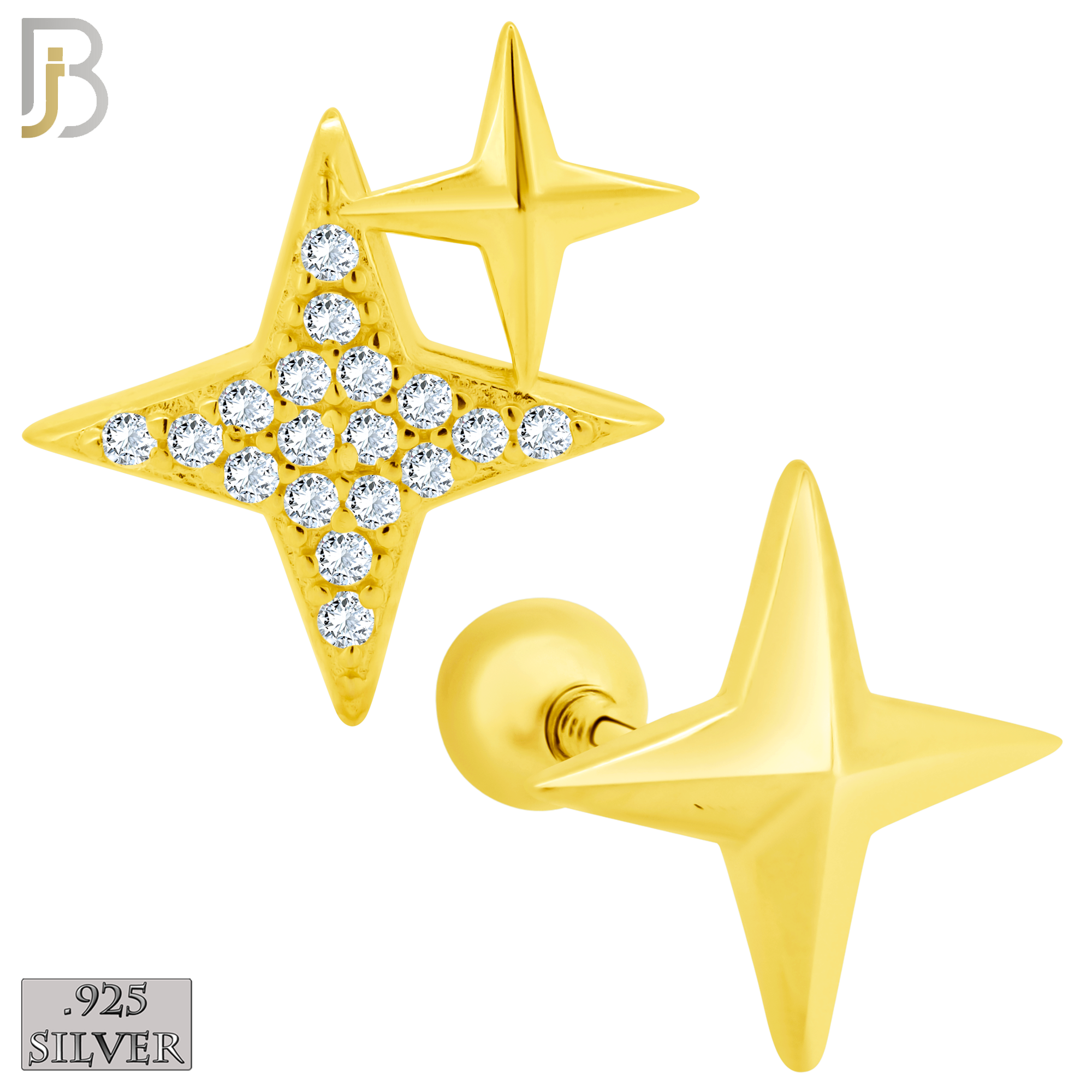 925-ES370 - Screw Ball Back - .925 Sterling Silver Four Point Star Mismatched Stud Earrings image 2