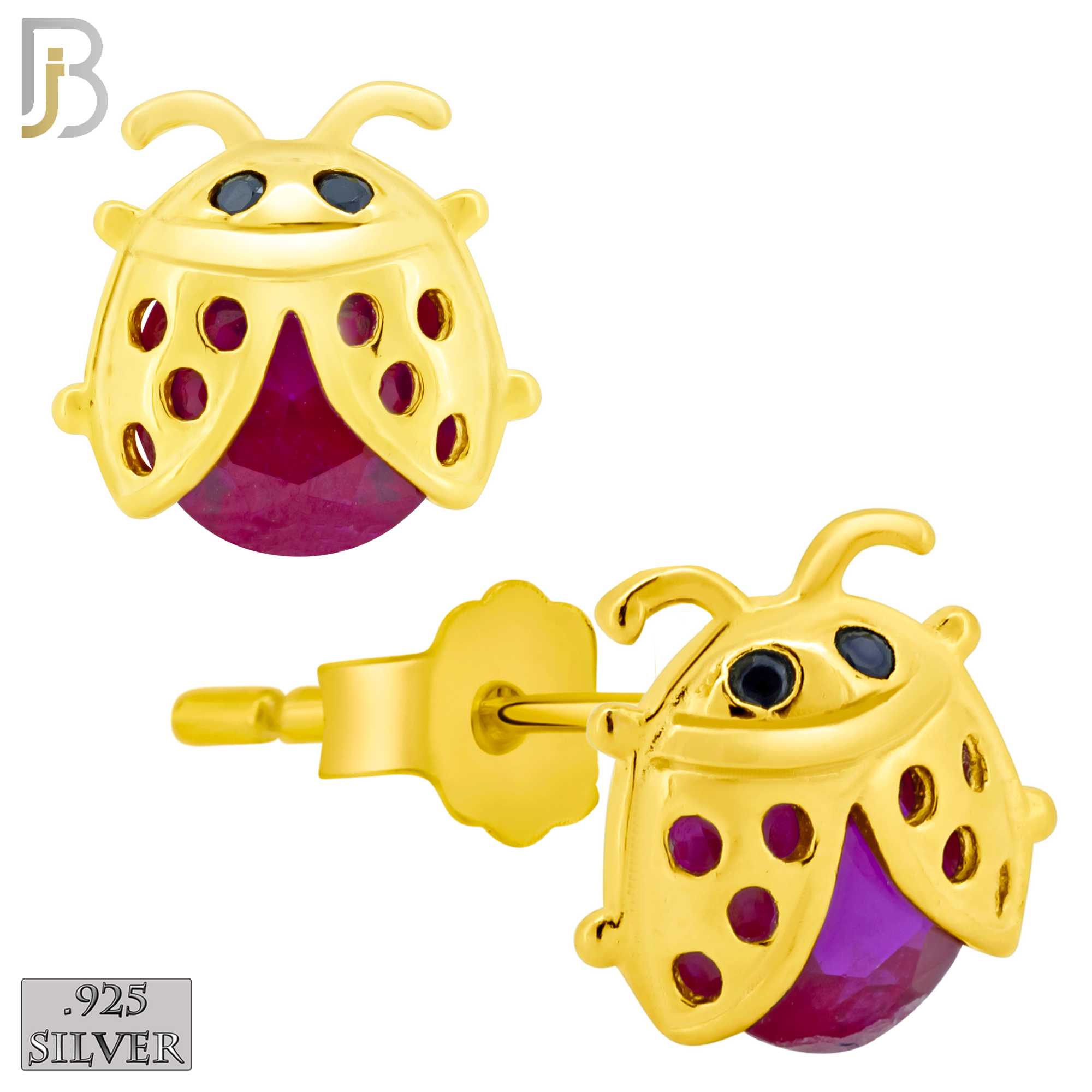 925-ES198 - Push Back - .925 Sterling Silver Lady Bug Design Earring Stud with Fuchsia Zircon image 2