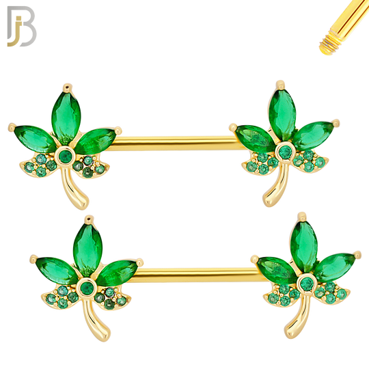 NP63- 316L Surgical Steel Leaf with CZ Design Externally Threaded Nipple Rings (Sold as Pair) image 4