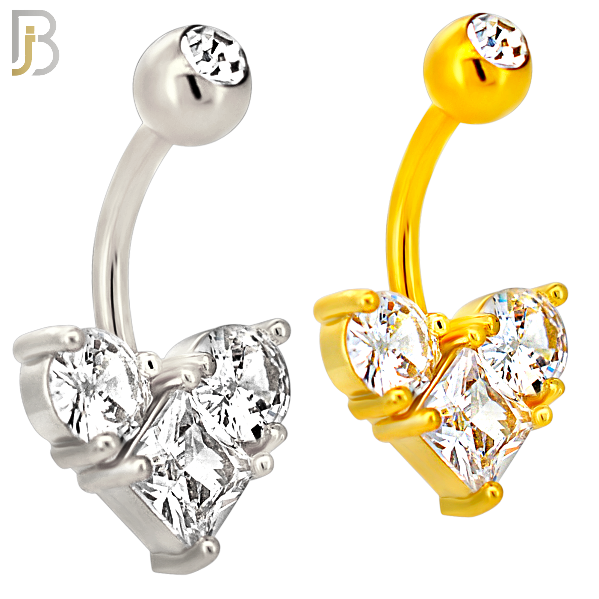 NB118 - 316L Surgical Steel Heart with Rhombus Shaped CZ and Two Round CZ Forming A Heart Belly Ring image 0