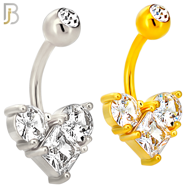NB118 - 316L Surgical Steel Heart with Rhombus Shaped CZ and Two Round CZ Forming A Heart Belly Ring image 0