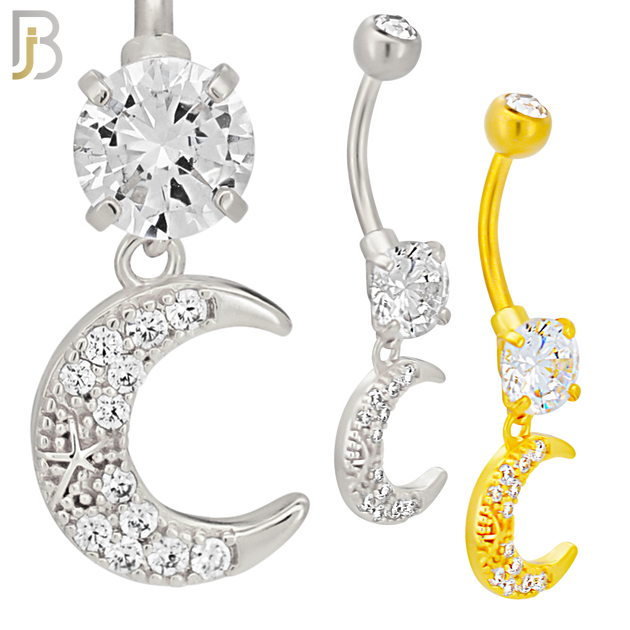 N0127 - 316L Stainless Steel Dangling Moon Zircon Belly Ring image 0