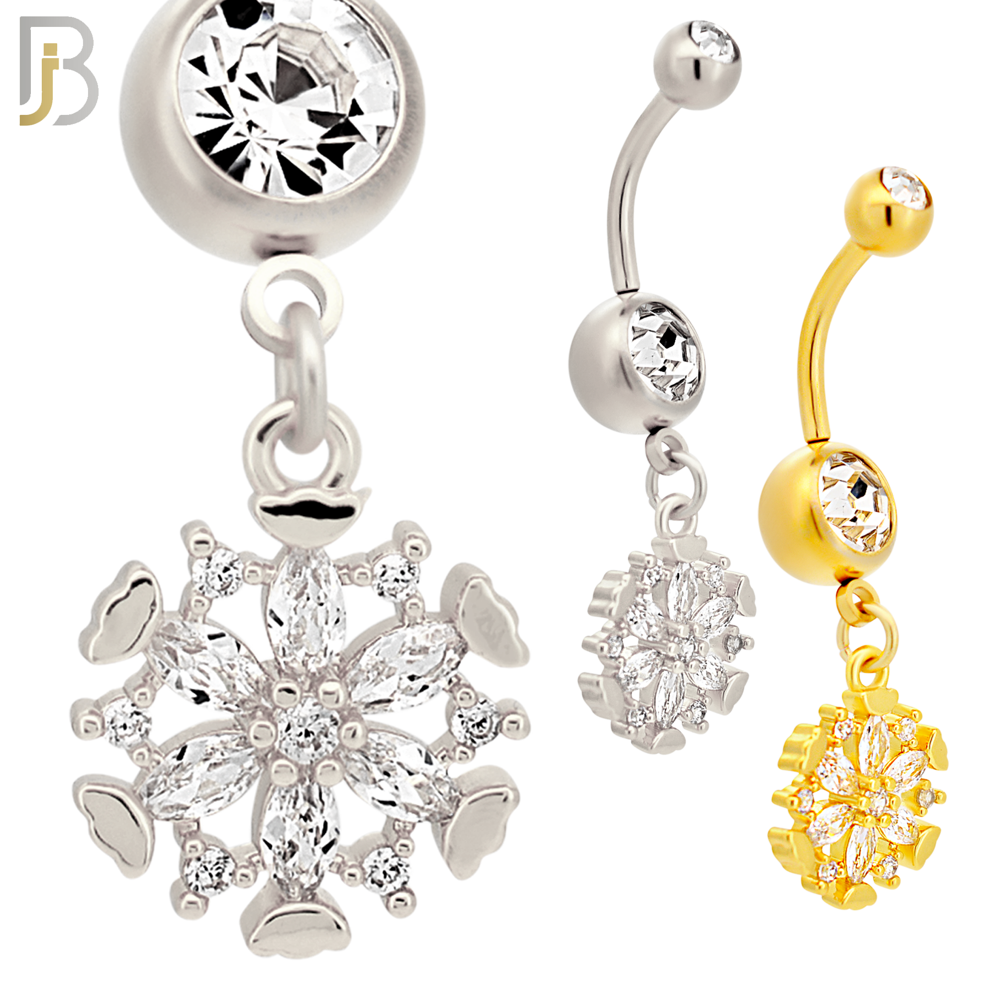 N017- 316L Stainless Steel Dangling Snowflakes Zircon Design Belly Ring with 5mm Screw Ball image 0