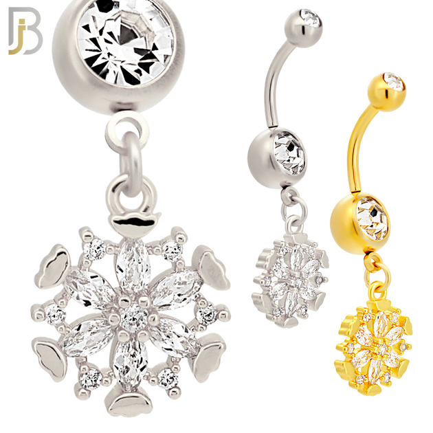N017- 316L Stainless Steel Dangling Snowflakes Zircon Design Belly Ring with 5mm Screw Ball image 0