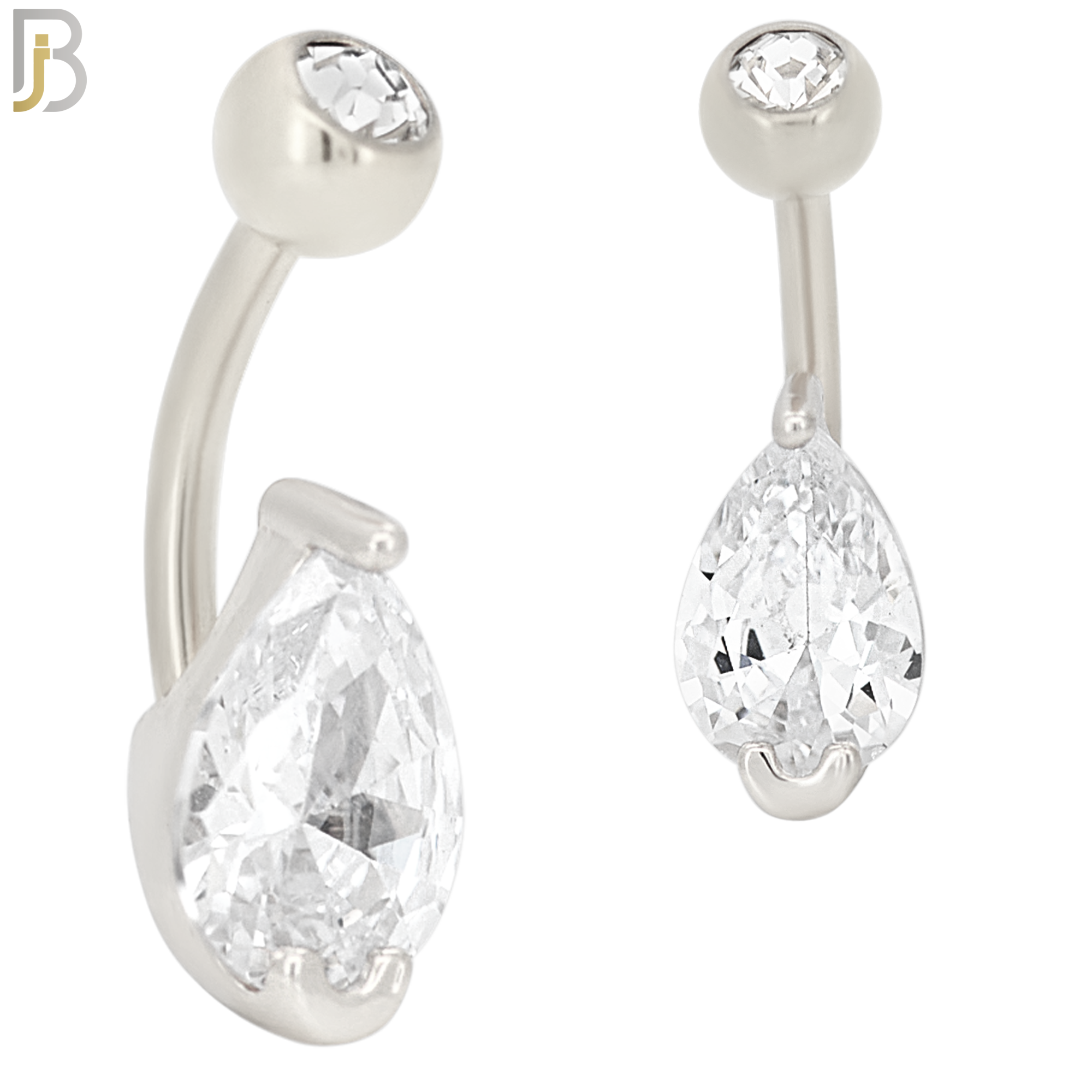 NB50 - 316L Stainless Steel Tear Drop Shaped Clear CZ Banana Belly Navel Ring image 1