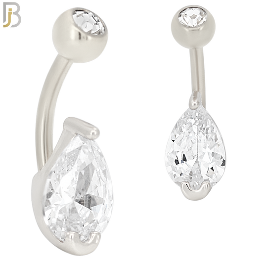 NB50 - 316L Stainless Steel Tear Drop Shaped Clear CZ Banana Belly Navel Ring image 1