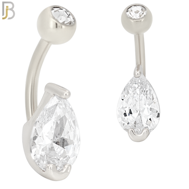 NB50 - 316L Stainless Steel Tear Drop Shaped Clear CZ Banana Belly Navel Ring image 1