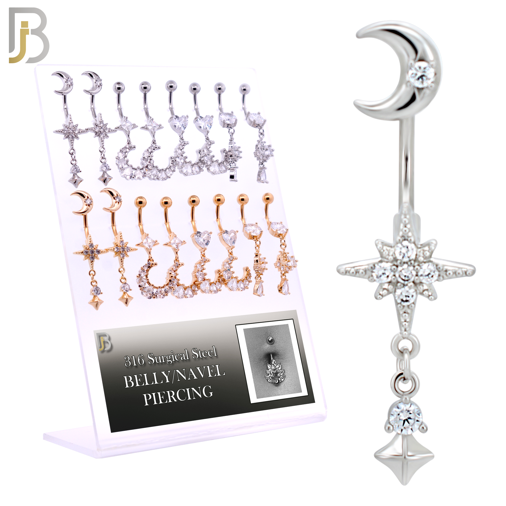 PK-N009 - 316L Surgical Steel Four Different Dangling Belly Rings - Pack of 16 Pieces image 0