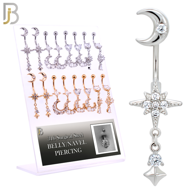 PK-N009 - 316L Surgical Steel Four Different Dangling Belly Rings - Pack of 16 Pieces image 0