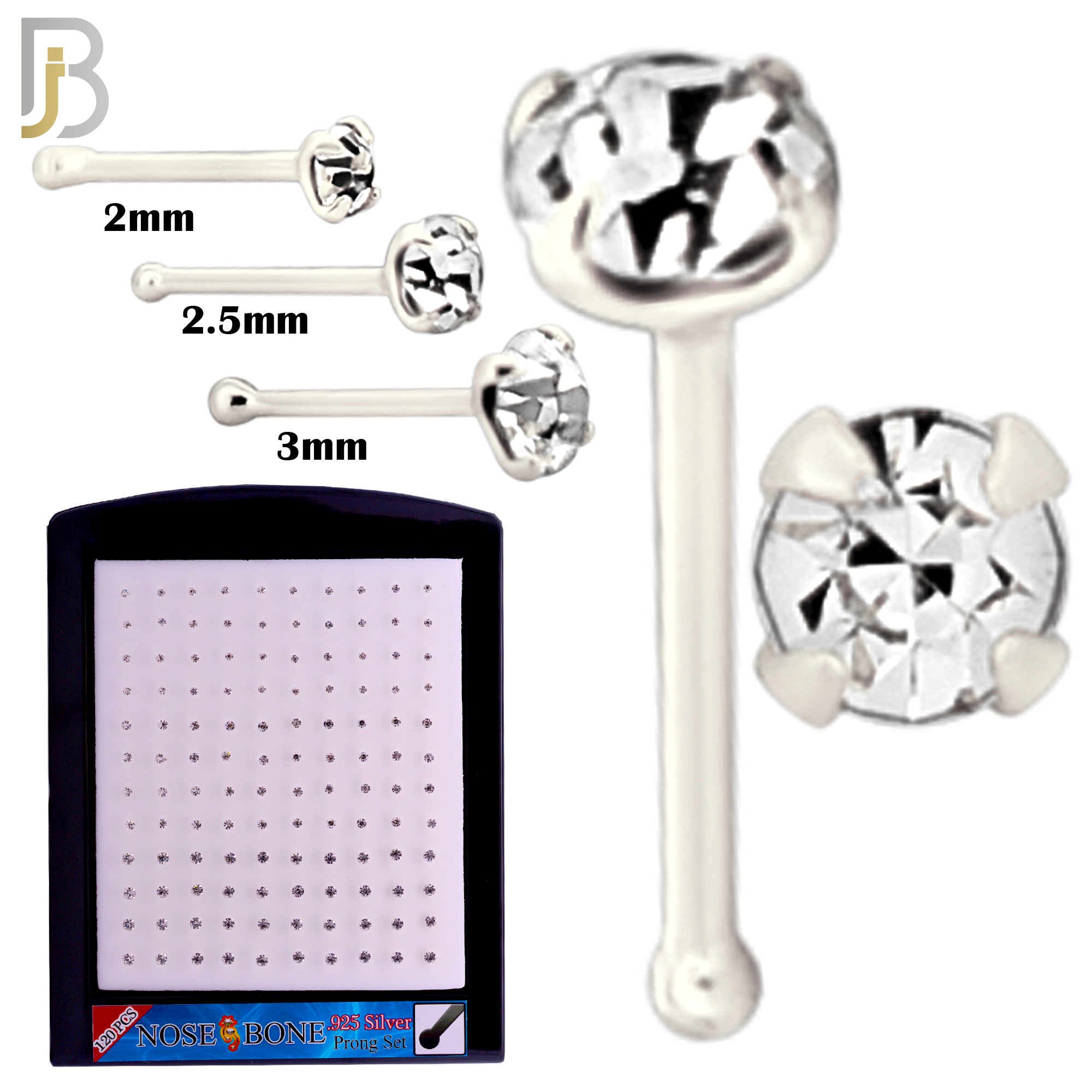 925-PK-NR01S-3C2 - Mixed of 2mm, 2.5mm, 3mm Clear CZ 22g Thickness  925 Sterling Silver Nose Bones, Prong Set Packages Pack of 120 image 1