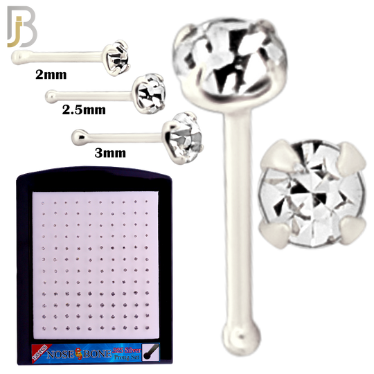 925-PK-NR01S-3C2 - Mixed of 2mm, 2.5mm, 3mm Clear CZ 22g Thickness  925 Sterling Silver Nose Bones, Prong Set Packages Pack of 120 image 1