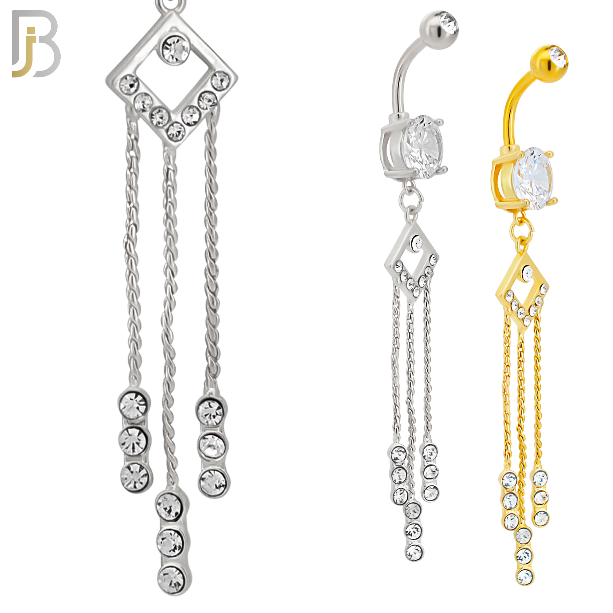 N0132 - 316L Stainless Steel Dangling Diamond Shape with Dangling Round Zircon Belly Ring and 5mm Screw Ball image 0