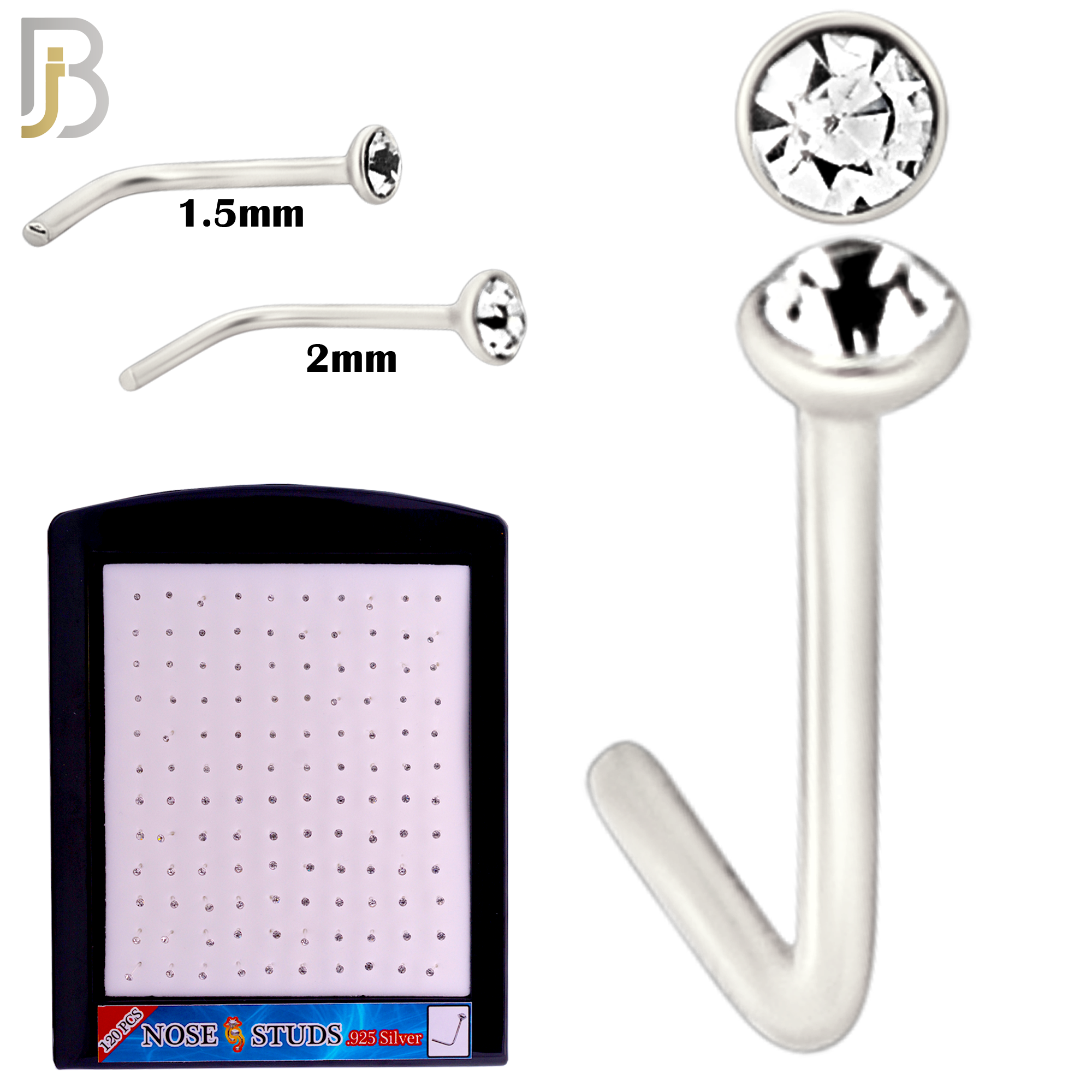 925-PK-NR06S-2C - Mixed of 1.5mm, 2mm Clear  CZ 22g Thickness 925 Sterling Silver Nose Studs, L-Shape Press Fit Packages Pack of 120. image 1