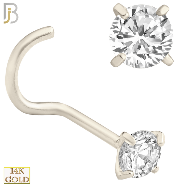 14-NR03CW-20 - 20g Thickness 14k Solid White Gold Prong Setting  Round Cubic Zircona Nose Screw, Cork Screw image 6