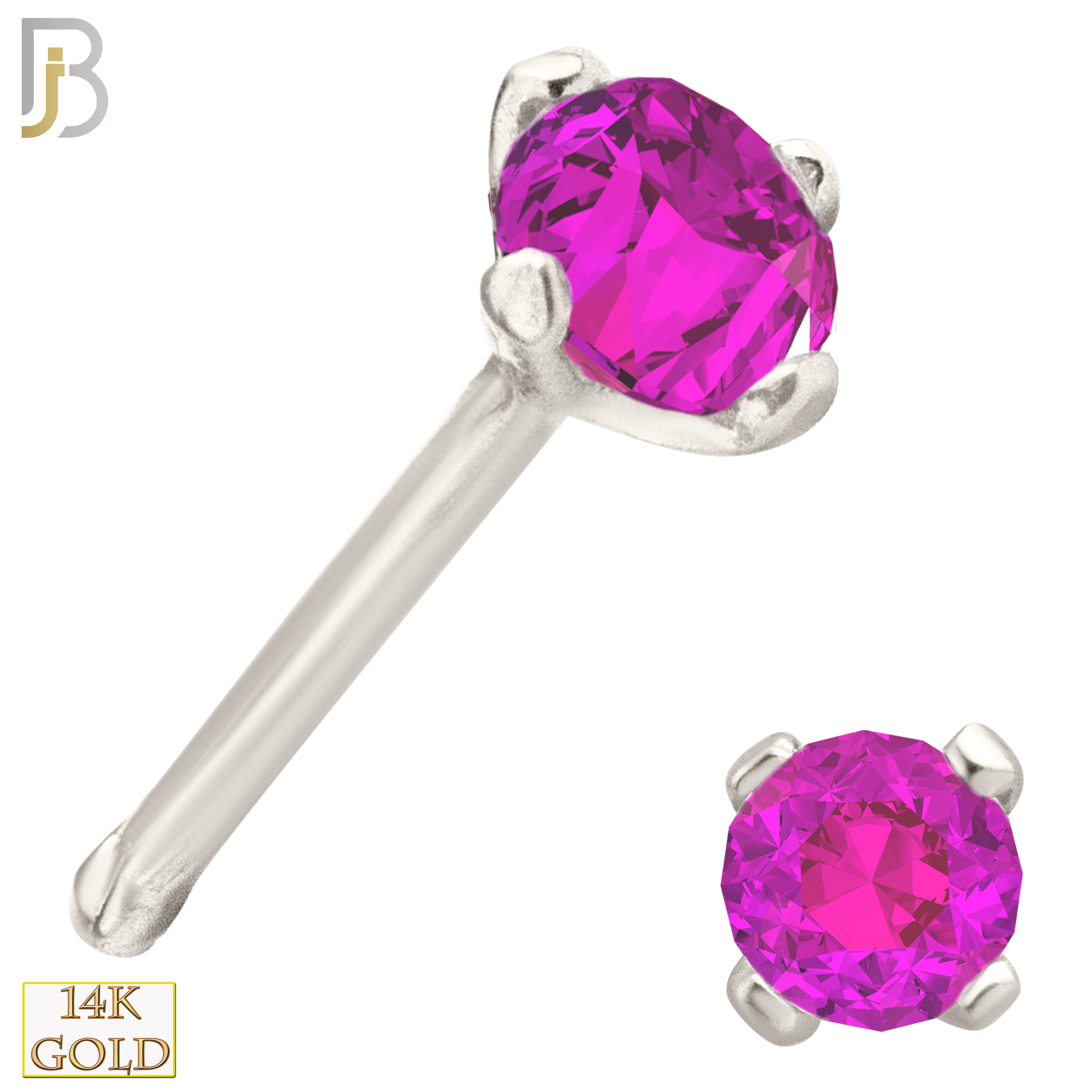 14-NR01CWP - 20g 14k White Gold Nose Bone with Pink Colored CZ - 2mm image